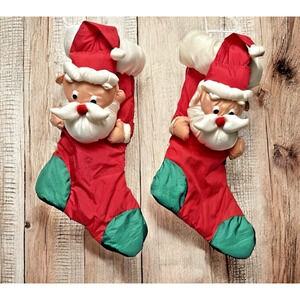 Vintage Nylon Christmas Stockings Santa Face Whimsical Bright Retro Holiday 1990